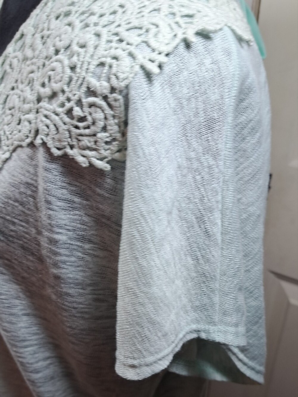 Maurices Light Mint Green Short Sleeve Top with Lace Yoke - Picture 3 of 7